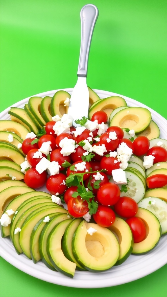 Butter Knife Green Screen Recipe A colorful arrangement of avocado, tomato, and cucumber on a platter, garnished with feta cheese, presented with a butter knife on a green screen background.
